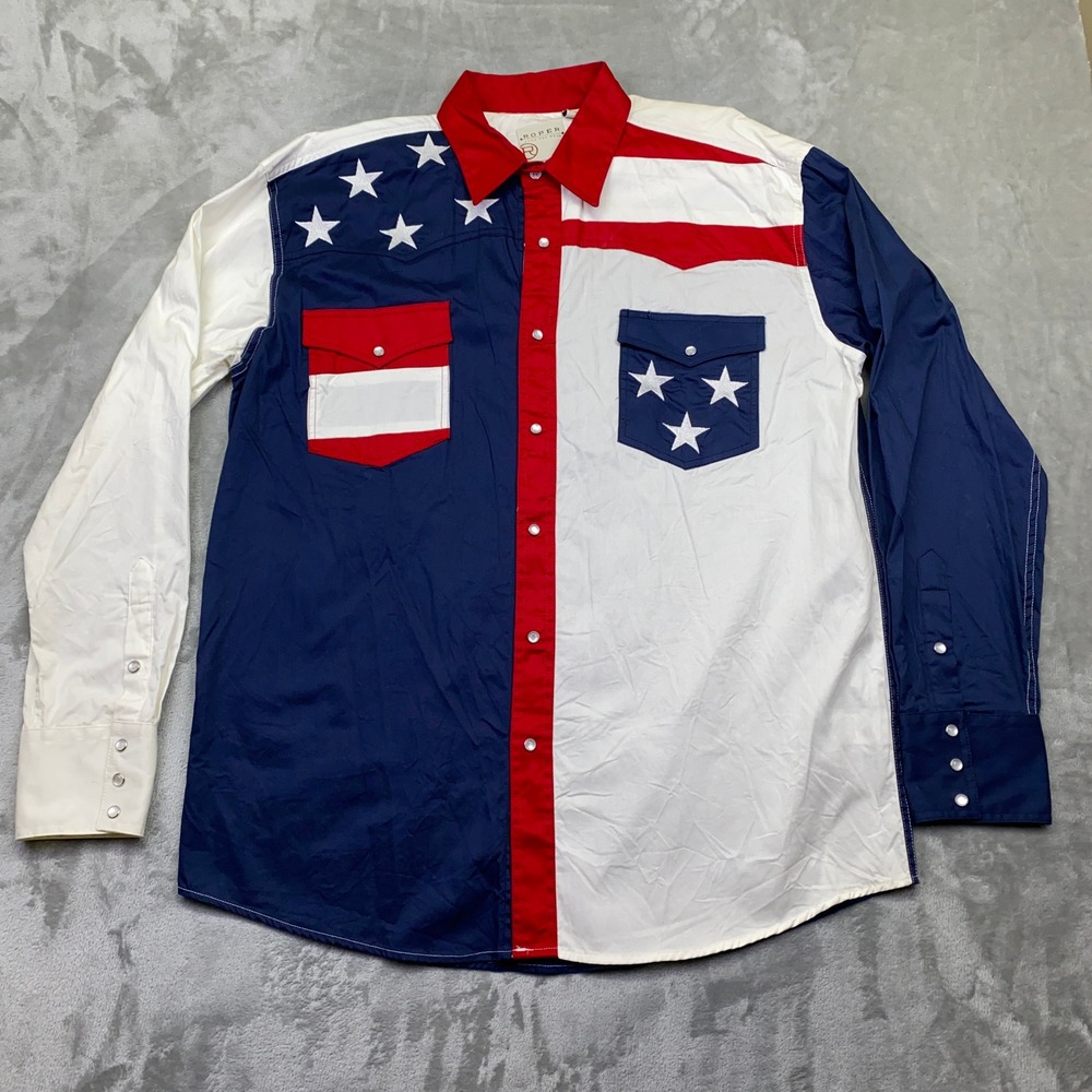 Roper Wear the West Western Shirt‎ American Flag Patriotic Mens Large Retro